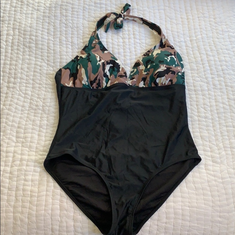 NWOT black/camo one piece bathing suit